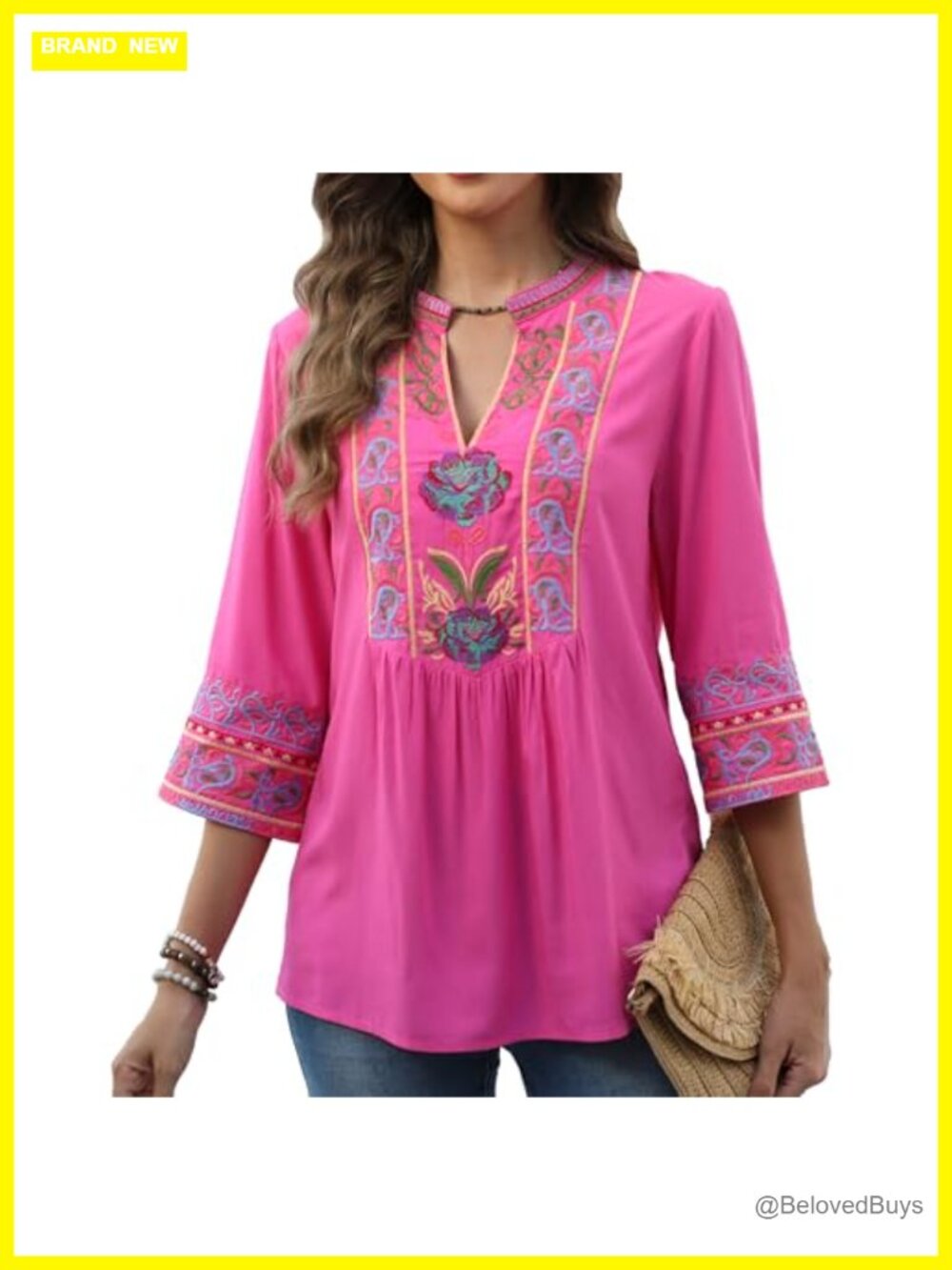 Floral Embroidered Peasant Blouse 3/4 Sleeve V Neck Boho Tunic